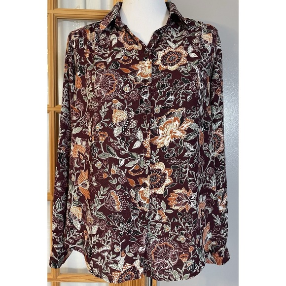Phillosophy Tops - Anthropologie Philosophy Floral Button Blouse Sz M Burgundy Orange Career Boho